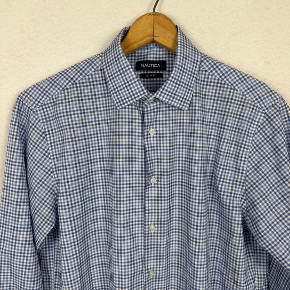 Nautica Button Down Shirt Mens Medium Slim Fit Gingham Long Sleeve Blue - Picture 3 of 10